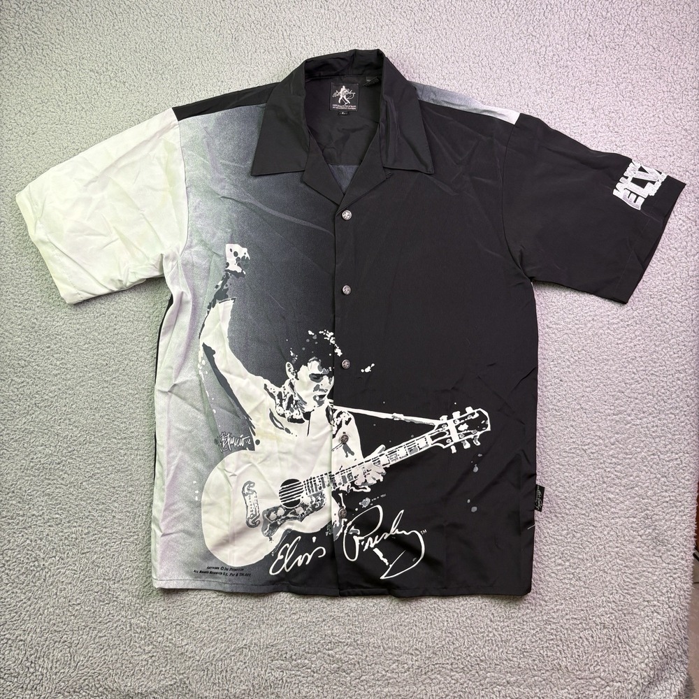 VTG Elvis Presley Button Shirt Mens L AOP All Over Graphic Hawaiian Panel Crowd